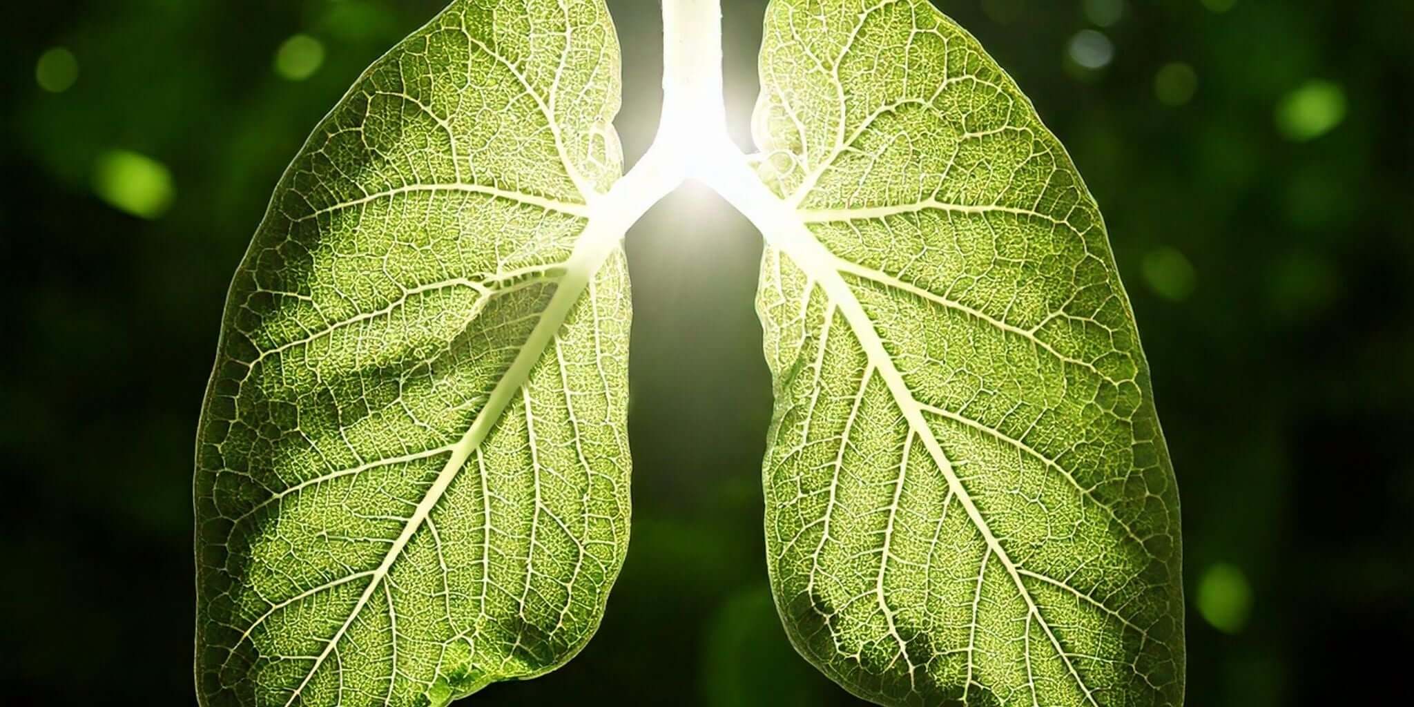 This striking image symbolizes respiratory health and natural lung support by creatively merging the structure of green leaves with the form of human lungs.