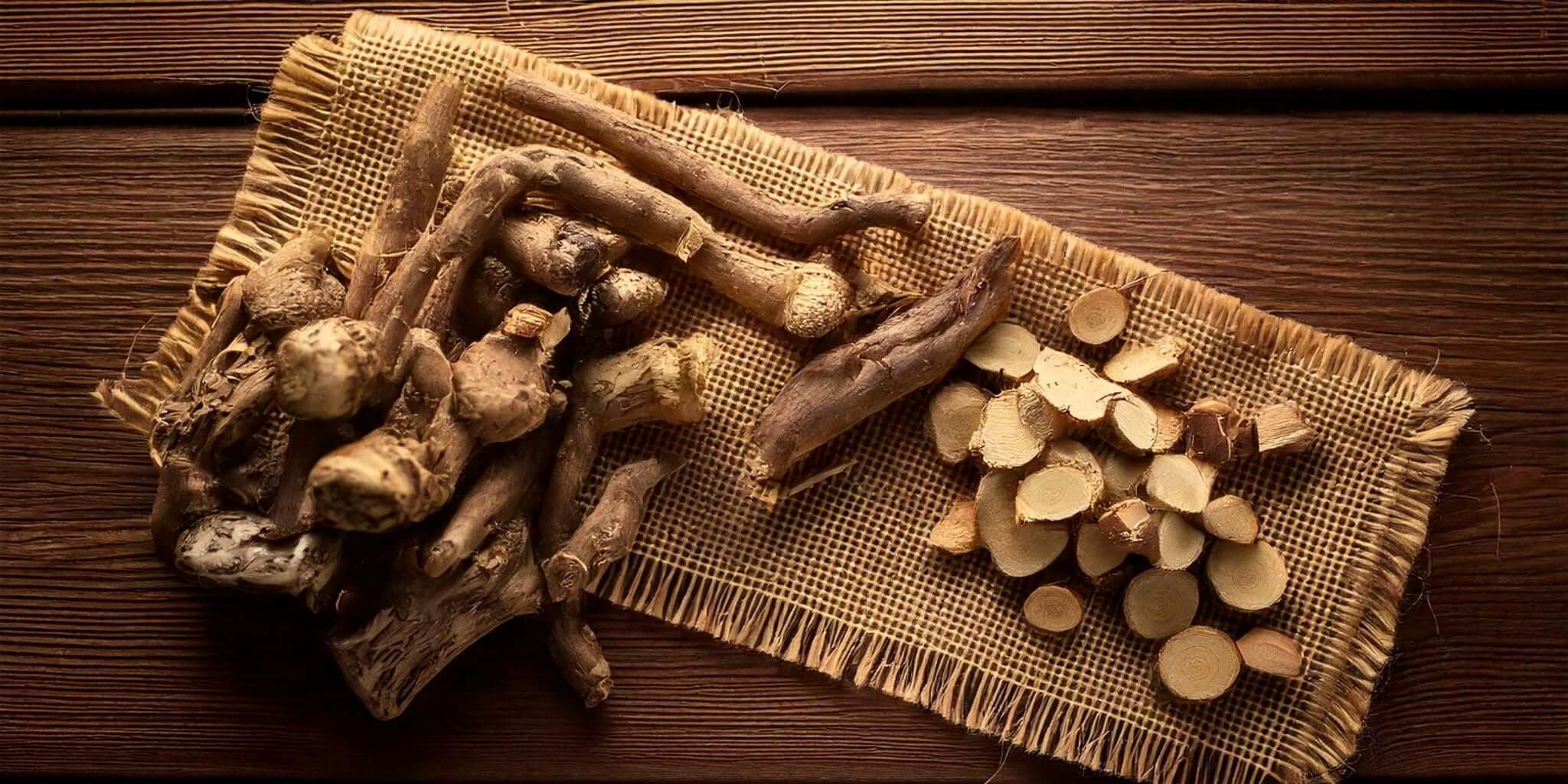 A close-up of freshly harvested burdock roots, some whole and others sliced into thin rounds, displayed on a burlap mat atop a rustic wooden surface.