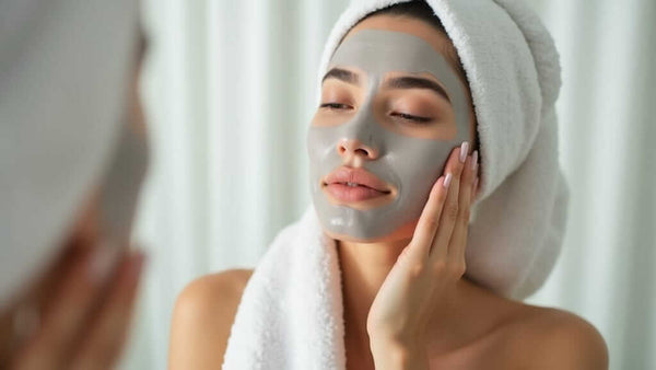 Over-the-shoulder mirror shot of a woman in a towel turban, gently touching and inspecting her clay mask on the jawline in soft, natural light.
