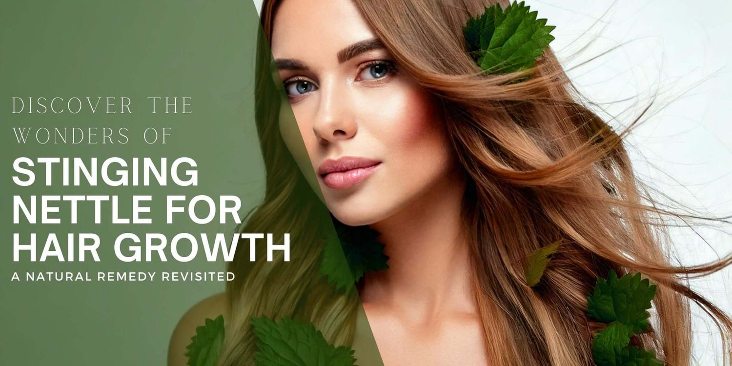A promotional image highlighting the benefits of stinging nettle for hair growth, featuring a woman with long, healthy hair adorned with green nettle leaves.