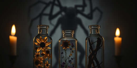 A dark and moody image featuring three glass bottles filled with dried flowers, herbs, and twigs illuminated by candlelight.