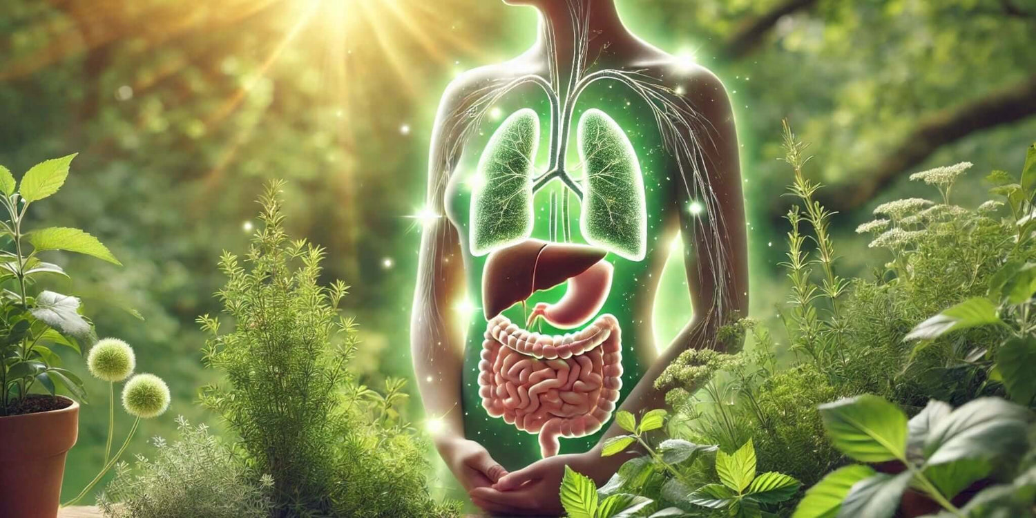 Illustration of the human body's detox organs—lungs, liver, and digestive system—highlighted against a lush green background with sunlight filtering through, symbolizing the cleansing power of natural detox herbs.