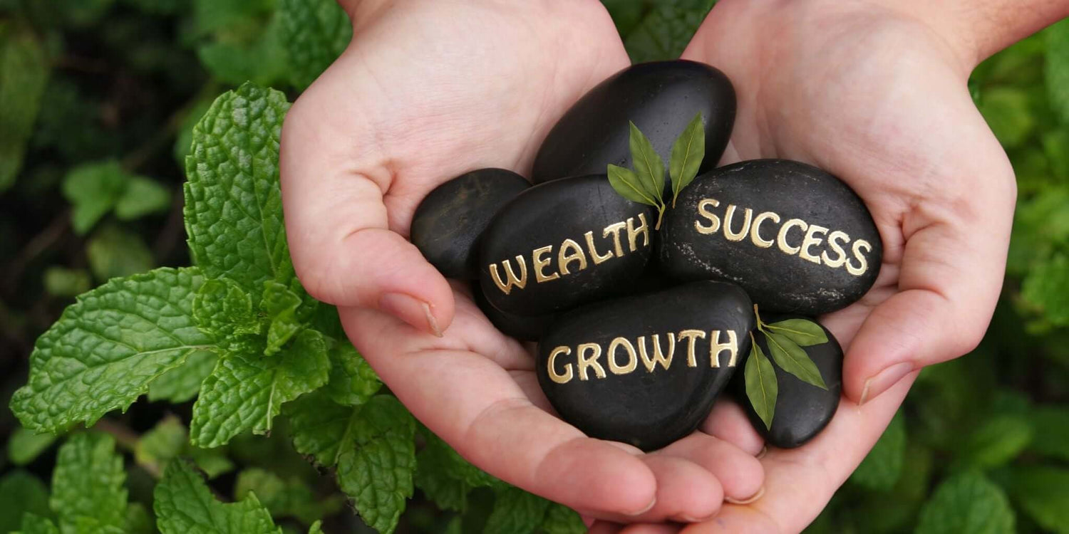 A pair of hands gently holding smooth black stones with the words Wealth, Success, and Growth engraved in golden letters, symbolizing abundance and prosperity.