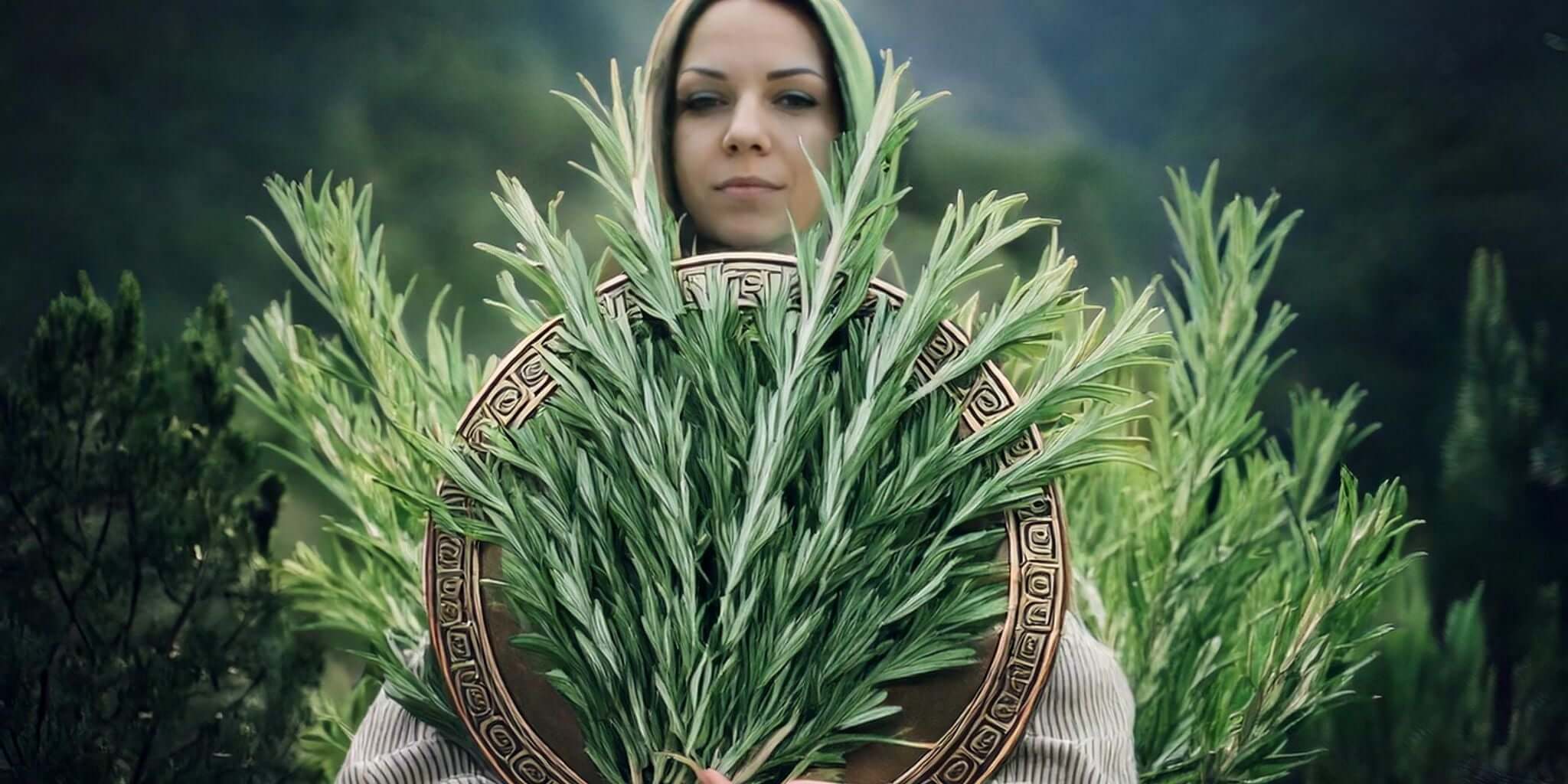 A serene image of a woman in a hooded cloak holding a beautifully engraved circular plate overflowing with vibrant Rosemary sprigs.