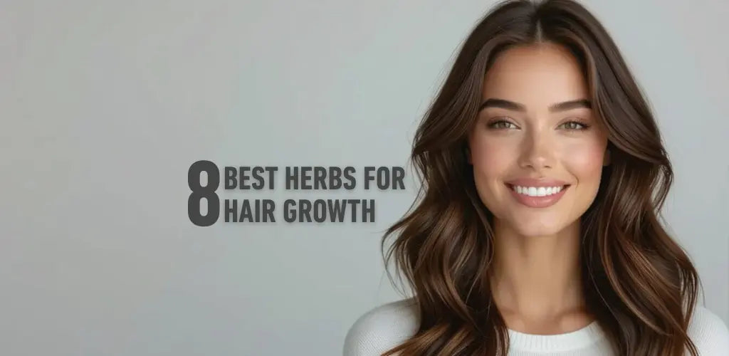 Smiling woman with long, glossy brown hair against a soft neutral background — portrait for a herbal hair growth guide.
