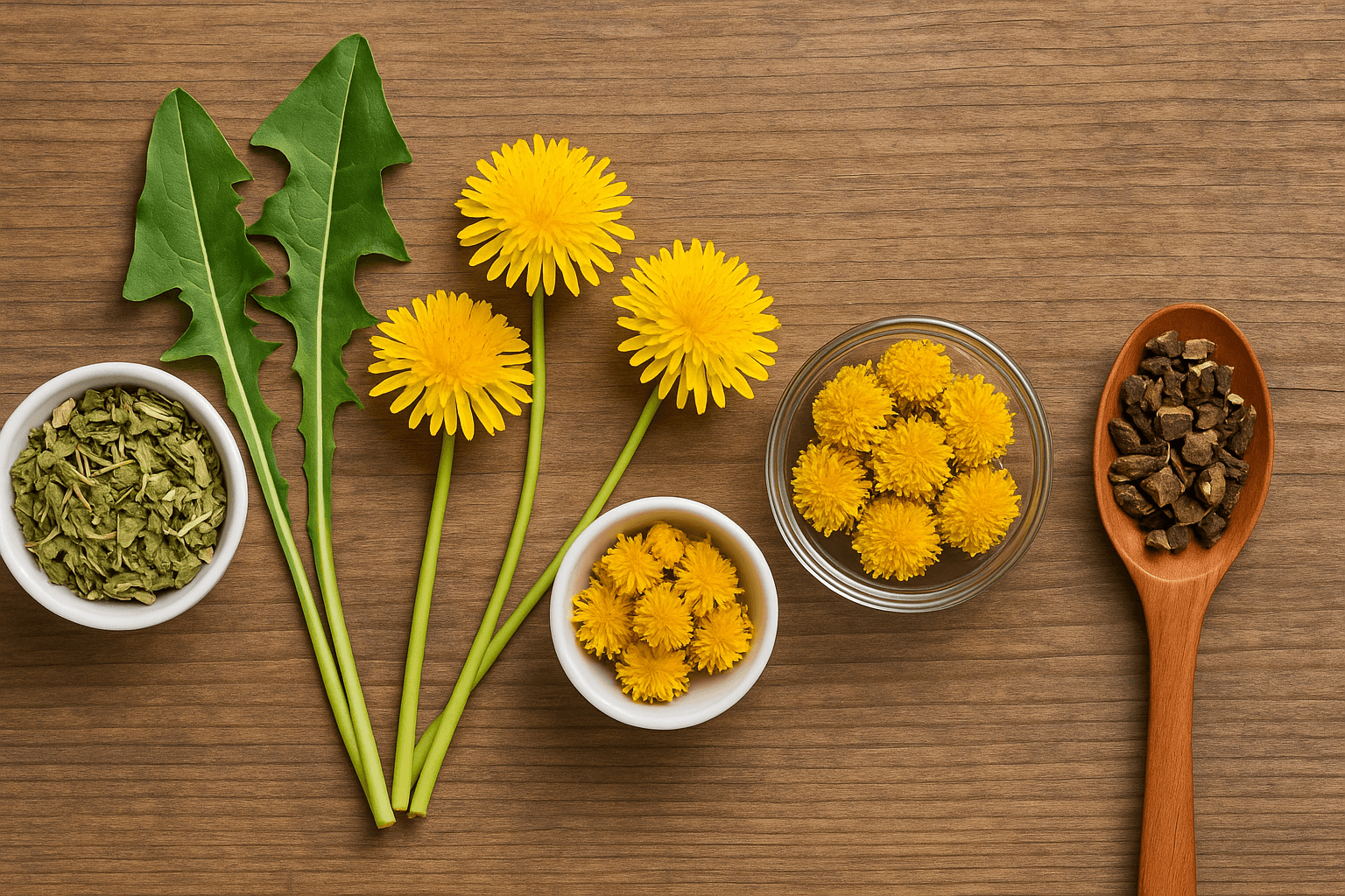 Dried dandelion root, leaf, and whole flower heads with fresh dandelion on wood background.