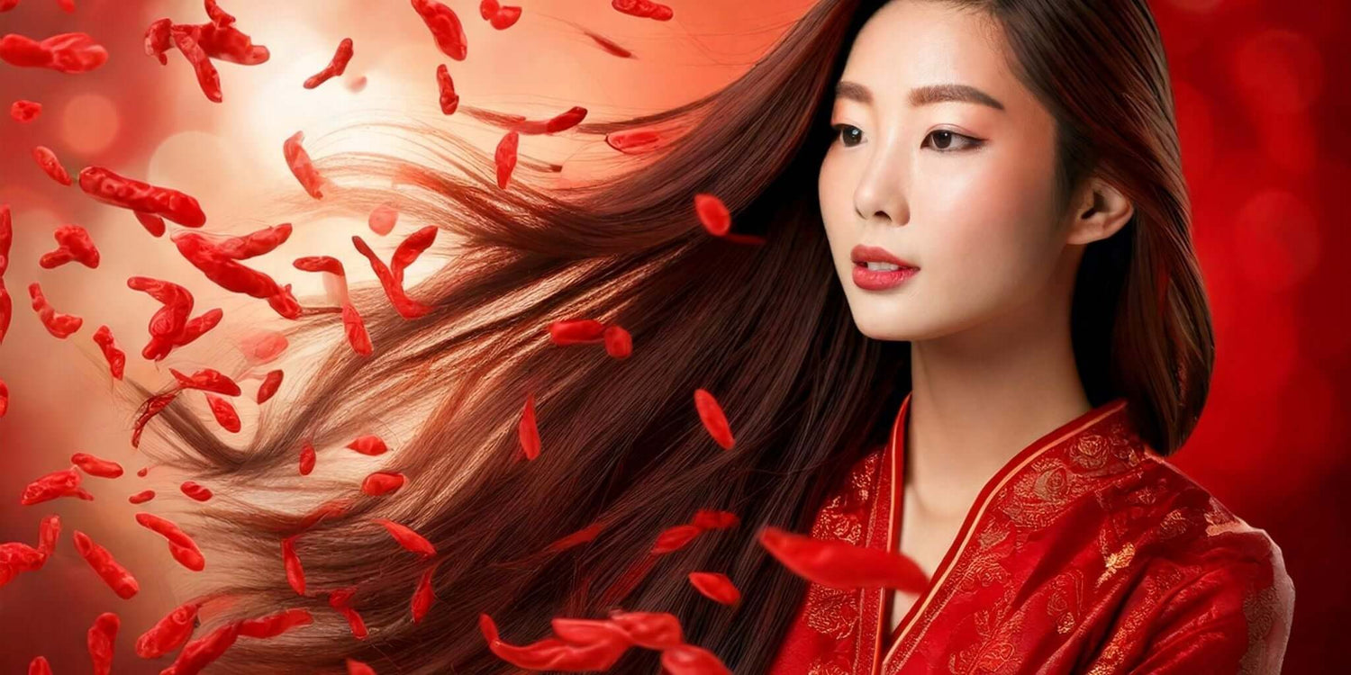 A woman with long, flowing brown hair dressed in a traditional red embroidered outfit, surrounded by vivid red goji berries in a dynamic, swirling motion.