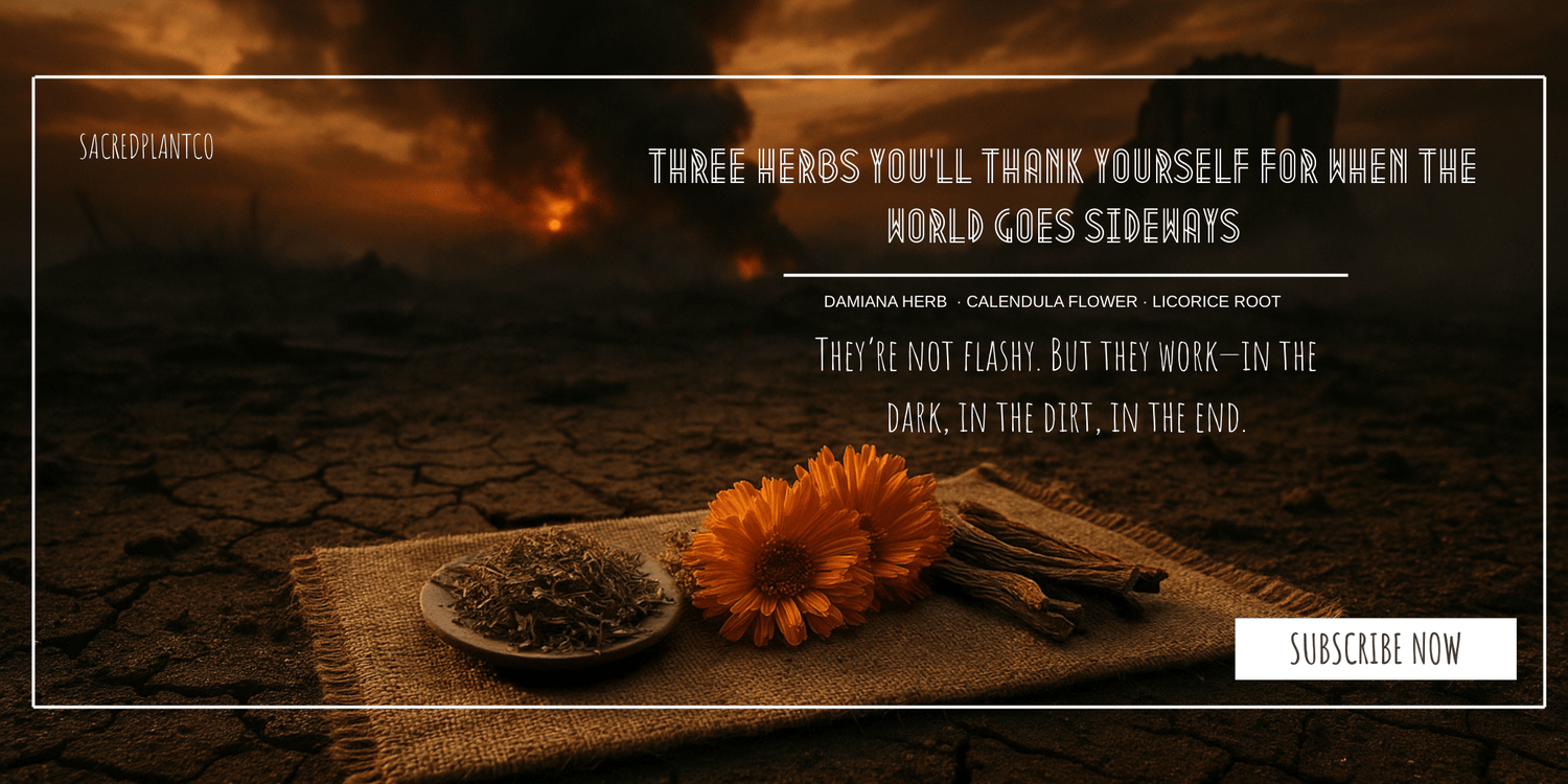 Damiana herb, Calendula flower, and Licorice root displayed on burlap cloth with dried cracked earth and apocalyptic.