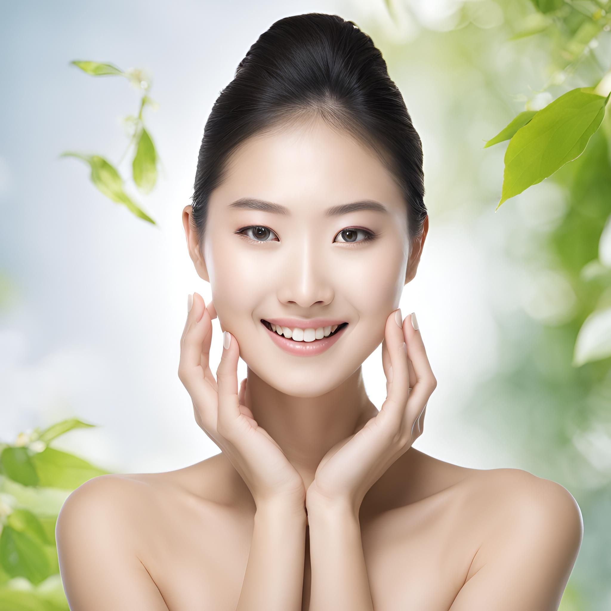 Smiling woman with radiant skin surrounded by green leaves, representing anti-aging herbal skincare benefits. Natural herbs for youthful, glowing complexion.