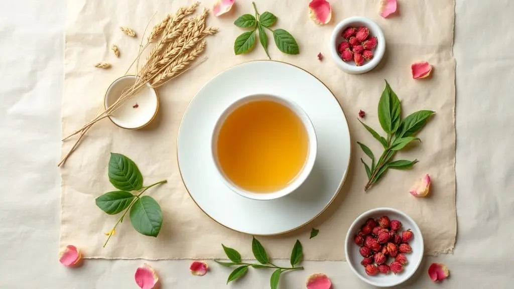 Bloom Tea caffeine-free herbal blend: oat straw, nettle, rose hips, and tulsi arranged in ceramic dishes with a steaming cup under soft morning light.