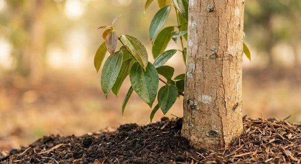 Close-up of a young Ceylon cinnamon (Cinnamomum verum) tree trunk with fresh green leaves, growing in dark, regenerative soil covered with natural mulch.
