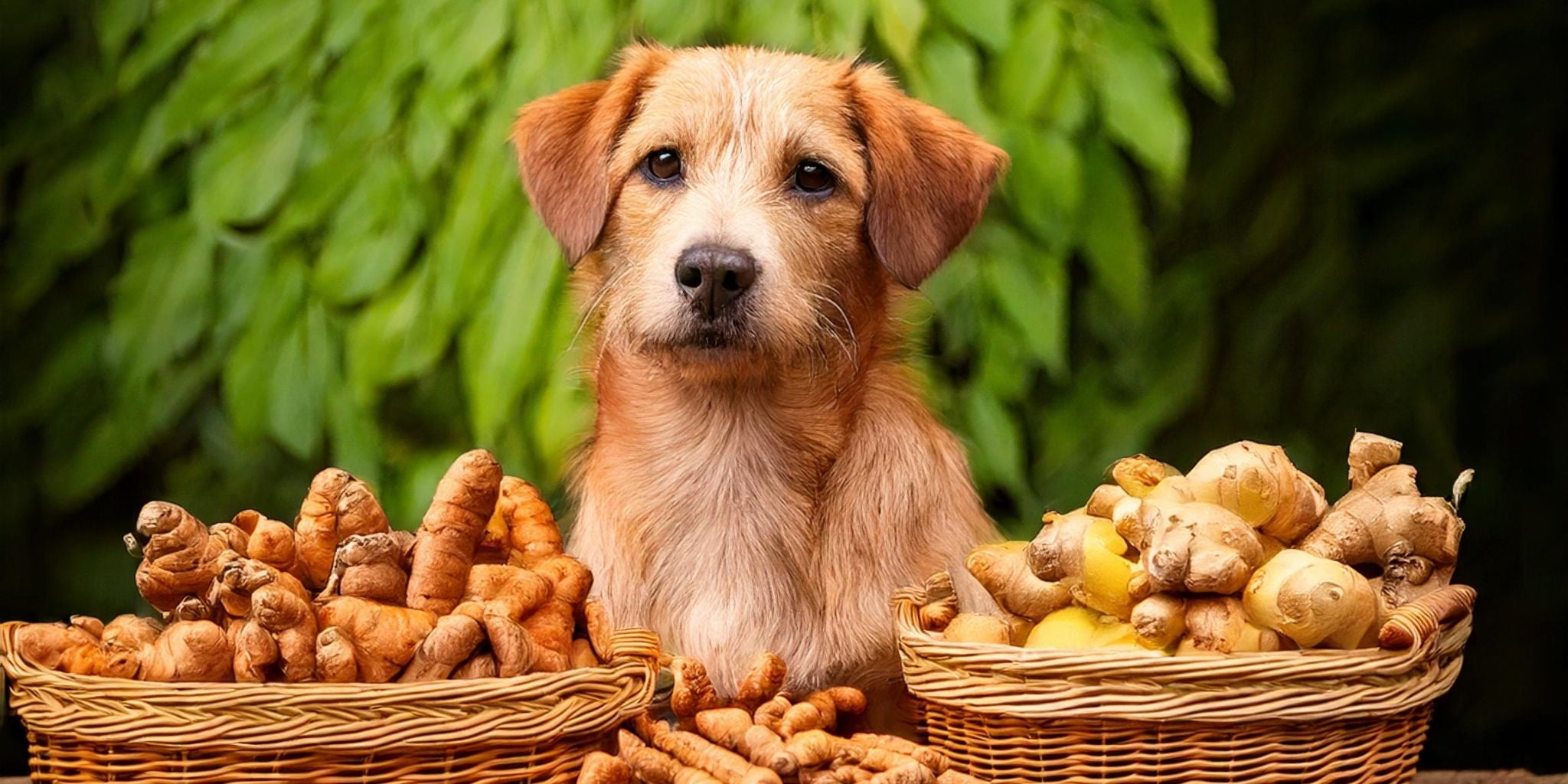 This heartwarming image showcases a curious dog framed by baskets of fresh turmeric and ginger, set against a lush green background.