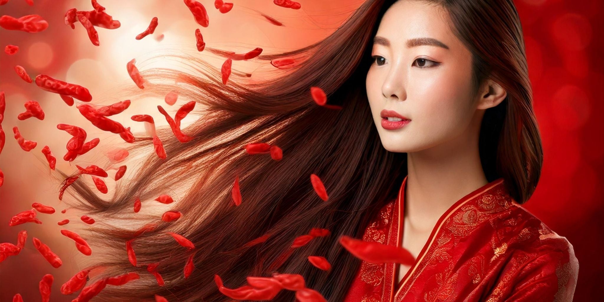 A woman with long, flowing brown hair dressed in a traditional red embroidered outfit, surrounded by vivid red goji berries in a dynamic, swirling motion.