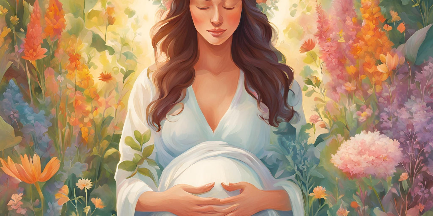 Illustrated pregnant woman in a serene floral setting, surrounded by vibrant, colorful flowers, symbolizing natural fertility support and the gentle power of herbs for reproductive health.