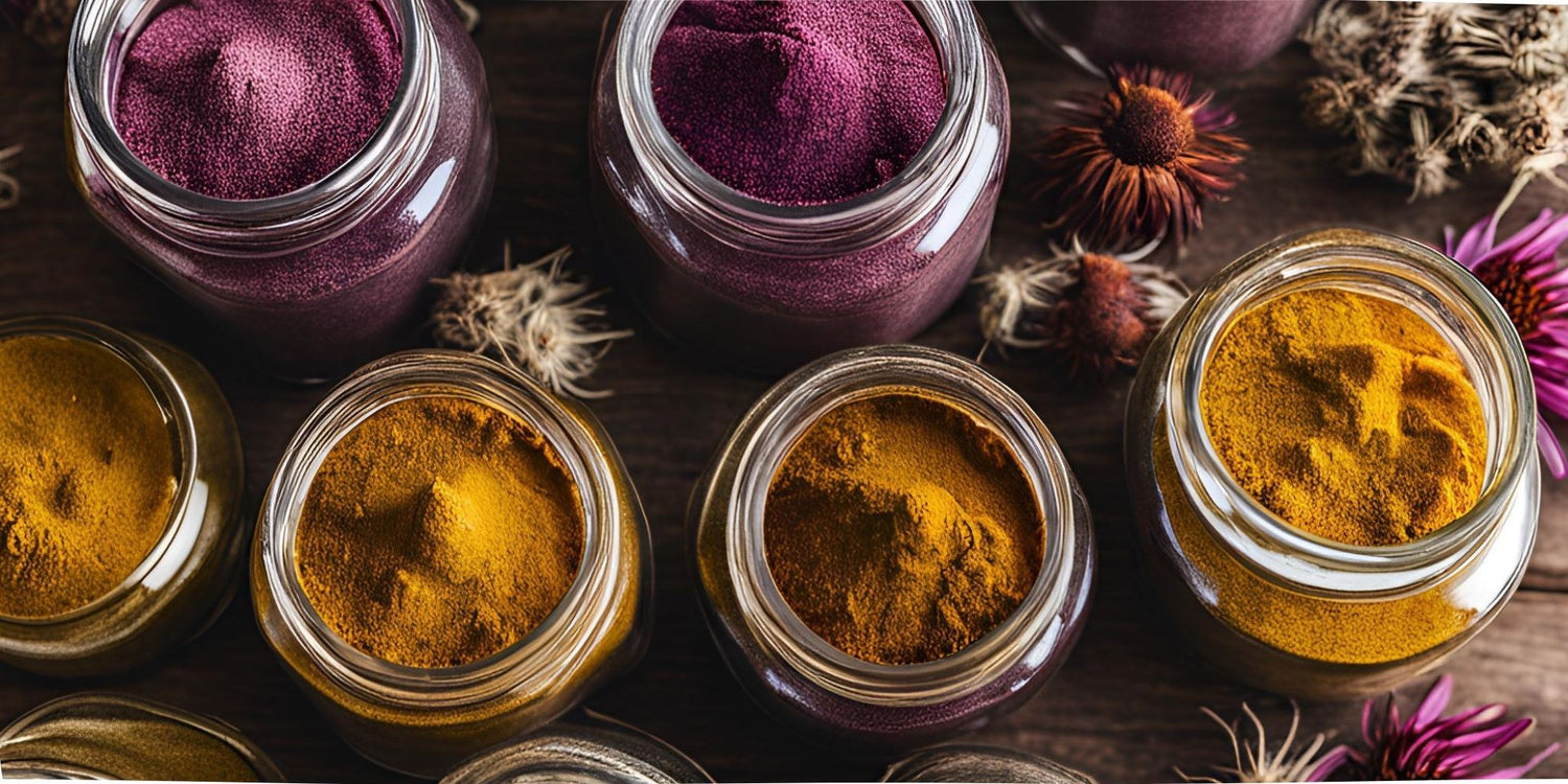 Jars of herbal powders, including echinacea, astragalus, elderberry, and osha root. Natural remedies for immune support and wellness.