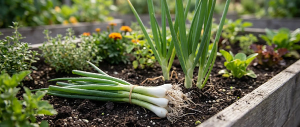 A freshly harvested bundle of Evergreen White Bunching Onions with bright white shanks and crisp green tops, resting on dark, biologically active soil inside a wooden raised garden bed.