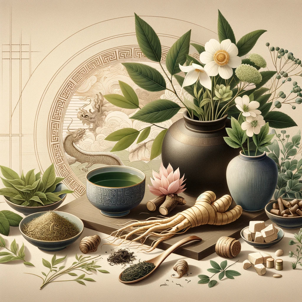 This image represent Traditional Chinese Medicine in the context of managing rosacea, featuring elements like Green Tea leaves, Licorice Root, Ginseng, and a Comfrey plant. 