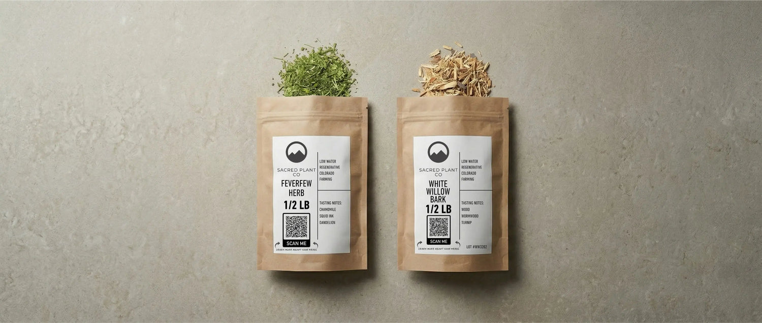 Side-by-side comparison of Sacred Plant Co half-pound bags of dried feverfew herb and white willow bark, two natural remedies used for headache and migraine relief.