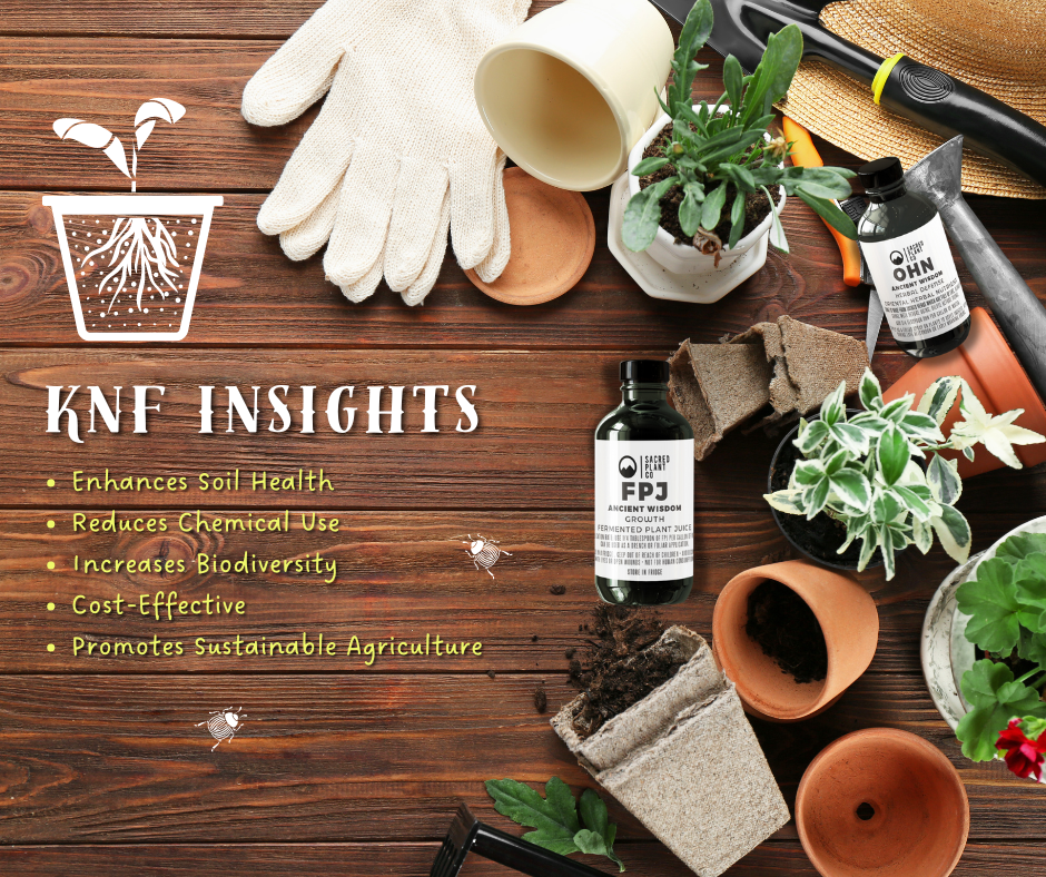 a well-organized graphic titled "KNF Insights" displayed on a rustic wooden background. The graphic includes a variety of gardening items such as gloves, a watering can, potted plants, and bottles of Korean Natural Farming products like FPJ and OHN. 