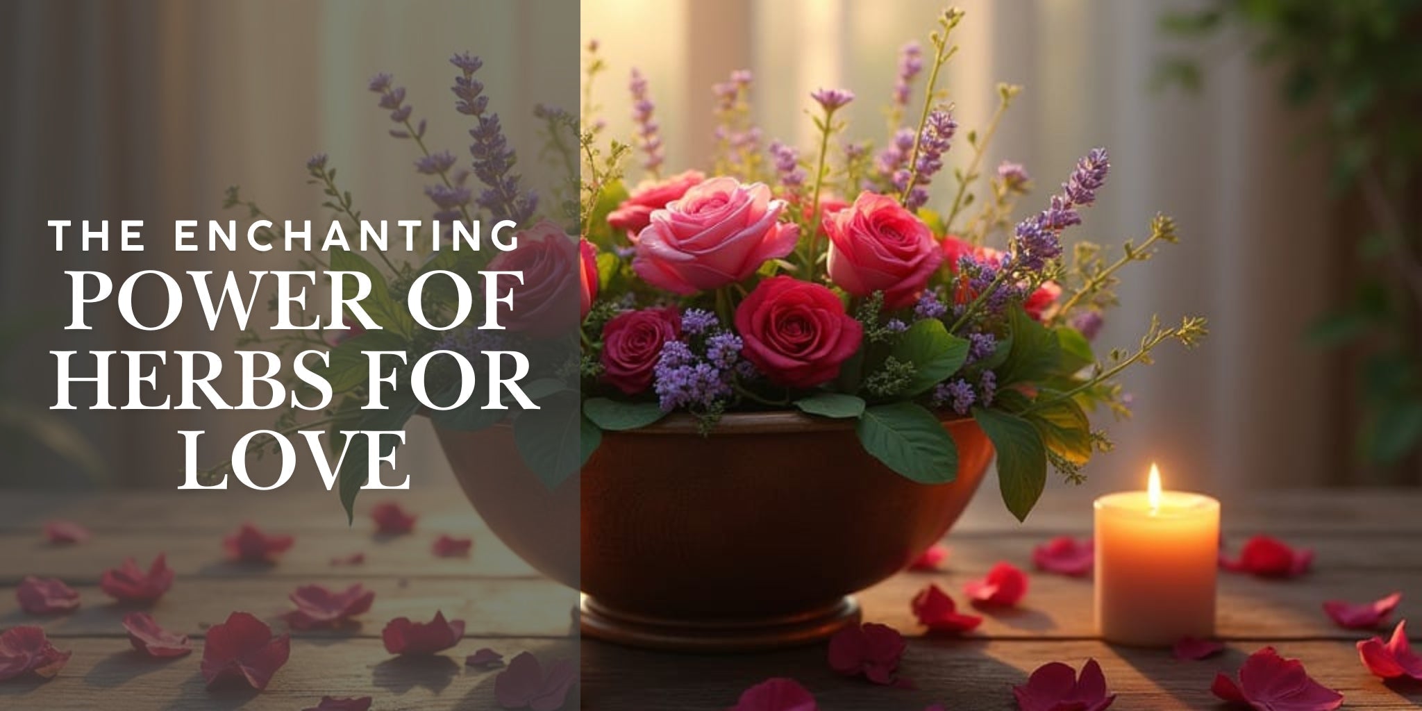 A wooden bowl with red roses, purple lavender, and green basil on a rustic table, surrounded by rose petals and a lit candle, with the text 'The Enchanting Power of Herbs for Love' overlayed.