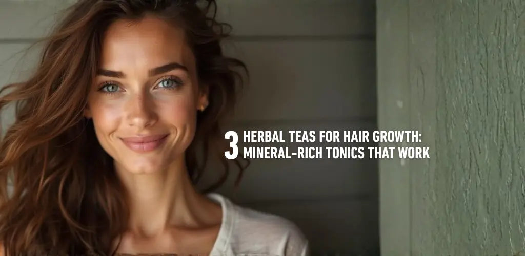 Smiling woman with long, healthy hair standing beside a wall, representing natural results from herbal teas that support hair growth.