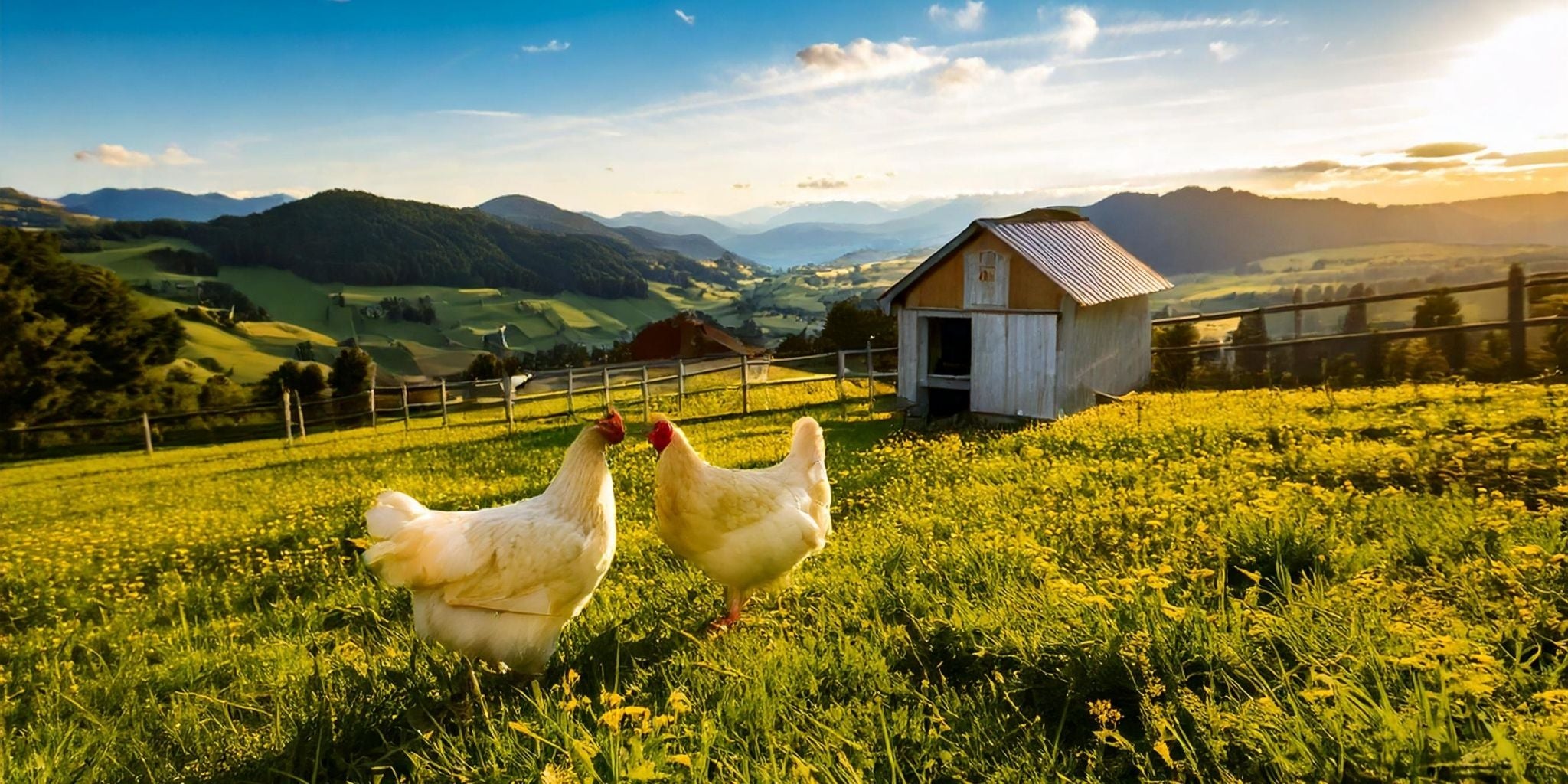 This picturesque image captures a peaceful rural scene with two white chickens standing together in a sunlit, flower-filled field.