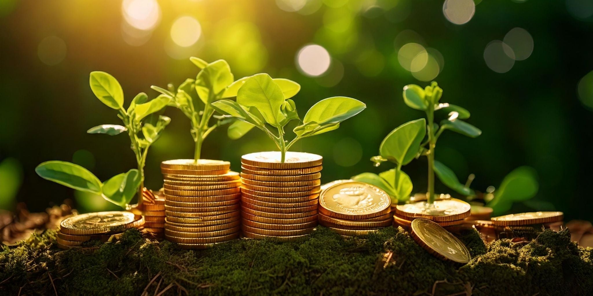 A vibrant scene of stacked gold coins surrounded by fresh green plants sprouting from mossy soil, illuminated by soft golden sunlight.