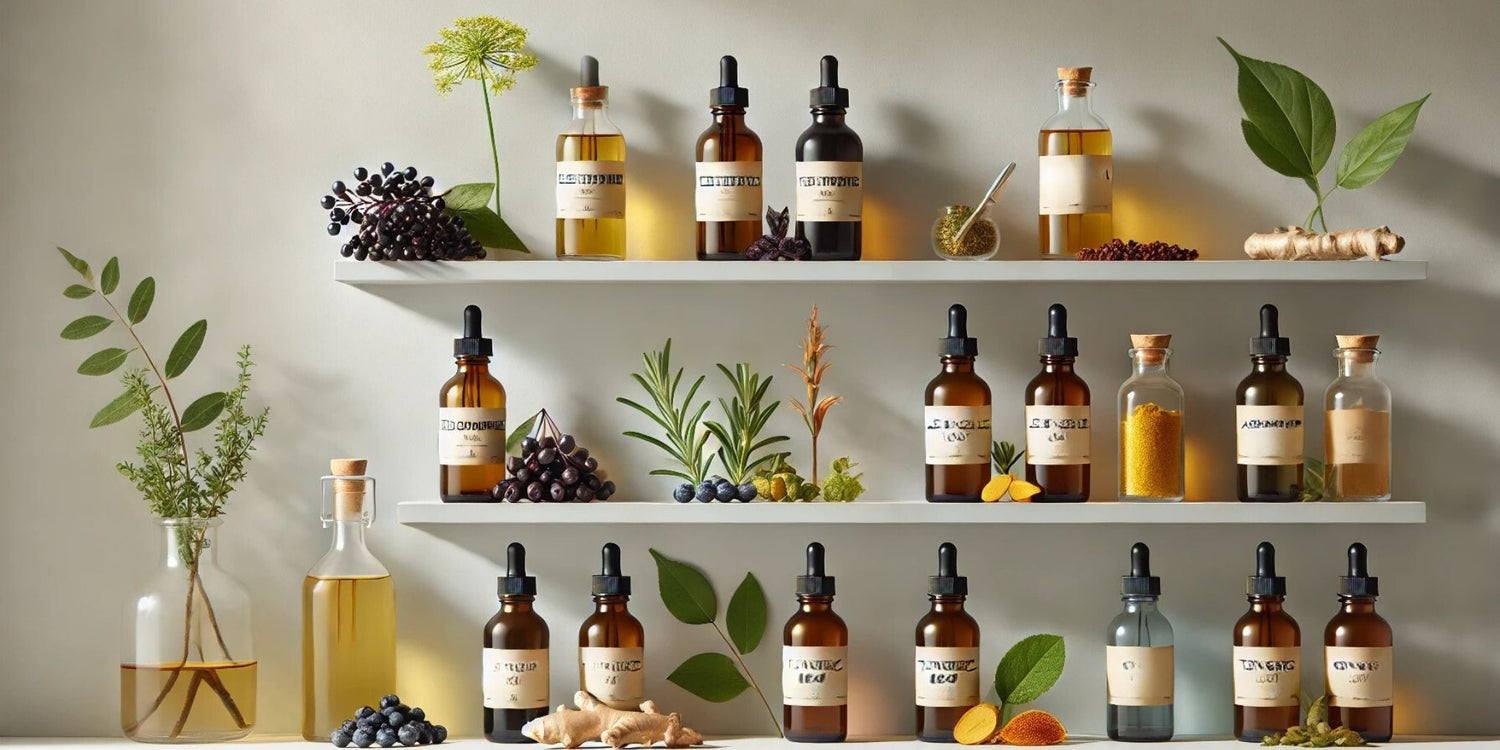 A collection of immune-boosting tinctures displayed on two shelves against a neutral background.