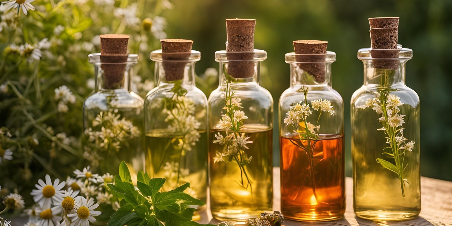 Glass bottles filled with calming herbal tinctures, featuring chamomile and other soothing herbs, set in a natural outdoor environment.