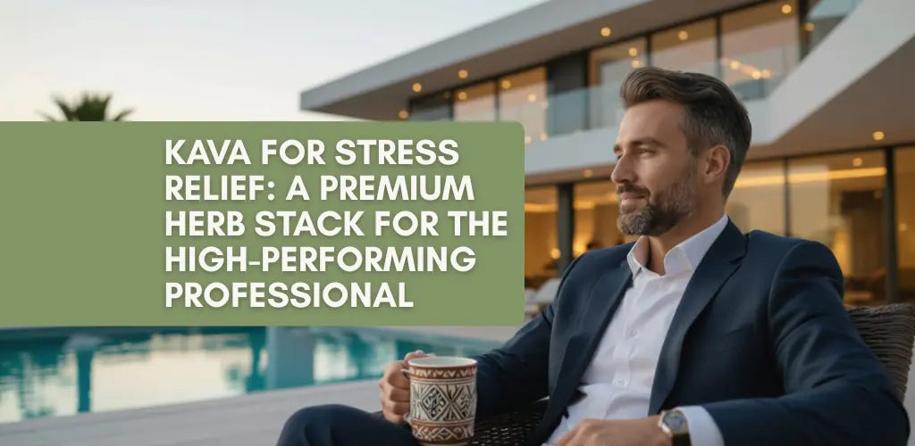Banner for article “Kava for Stress Relief: A Premium Herb Stack for the High-Performing Professional” featuring a man relaxing with kava near a pool.