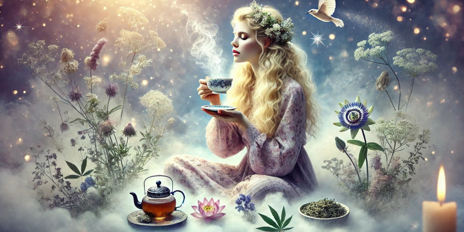 Ethereal illustration of a young woman with flowing blonde hair adorned with a floral crown, sipping tea in a dreamy, mystical setting. Surrounded by blooming flowers, herbs, and delicate plants, she embodies serenity and mindfulness.