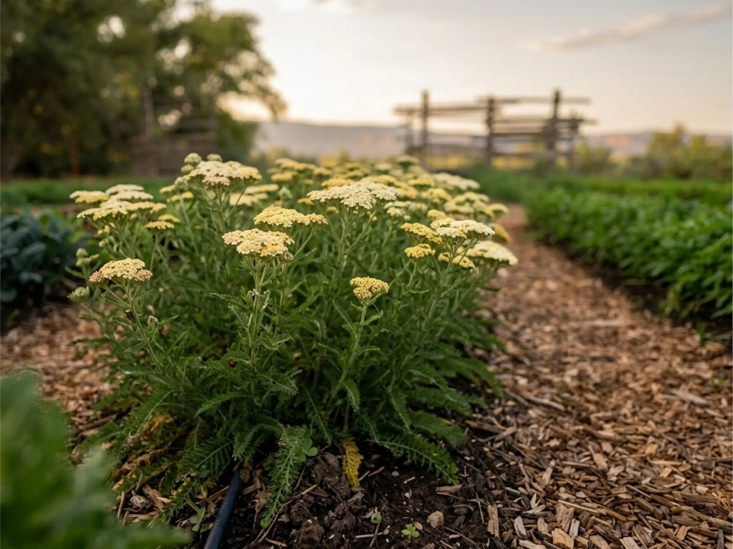 Sacred Plant Co Western yarrow plants blooming with pale yellow flower clusters in healthy living soil, bordered by a woodchip pathway on a regenerative herb farm.