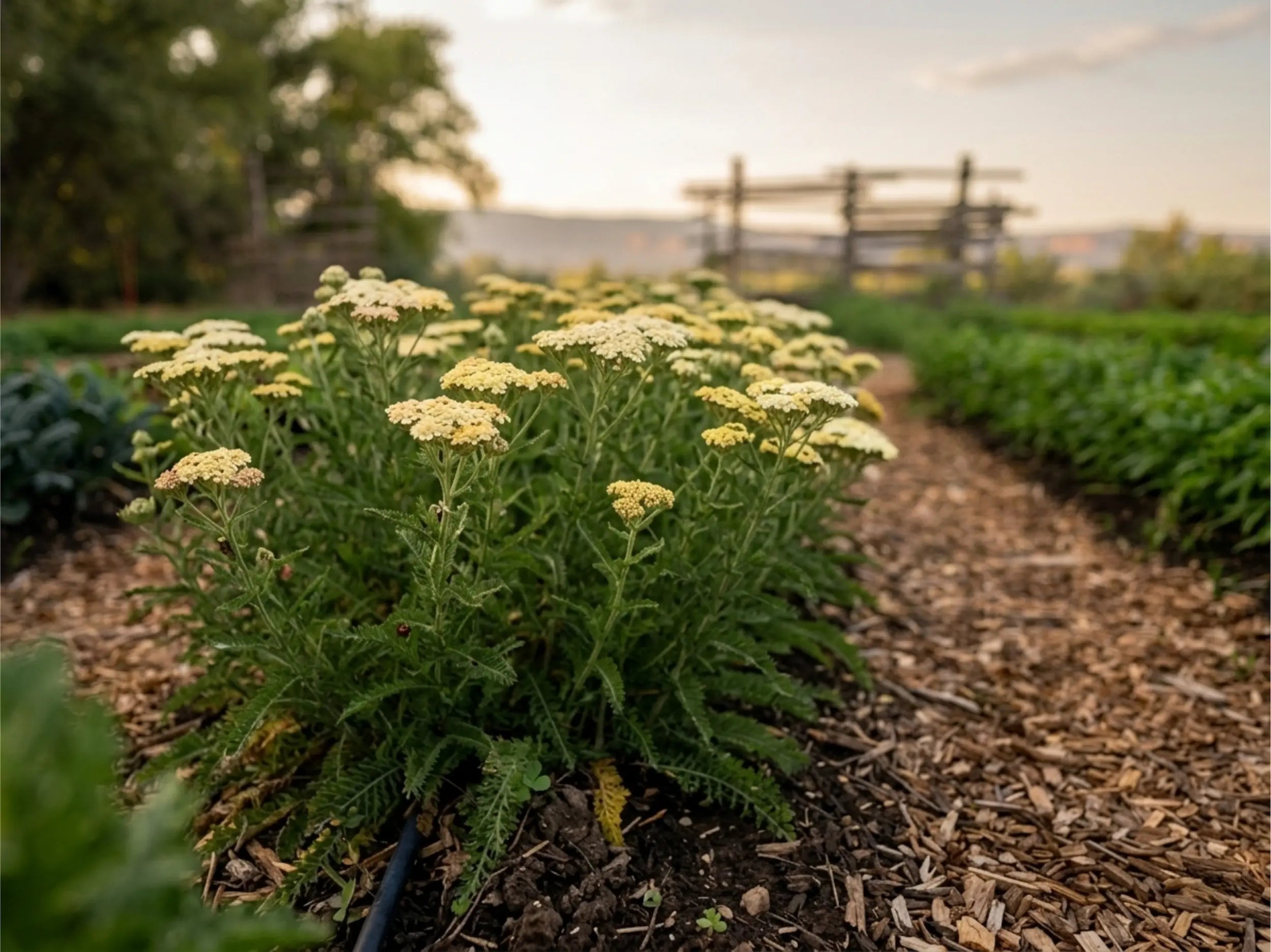 Sacred Plant Co Western yarrow plants blooming with pale yellow flower clusters in healthy living soil, bordered by a woodchip pathway on a regenerative herb farm.