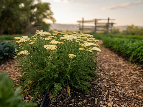 Sacred Plant Co Western yarrow plants blooming with pale yellow flower clusters in healthy living soil, bordered by a woodchip pathway on a regenerative herb farm.