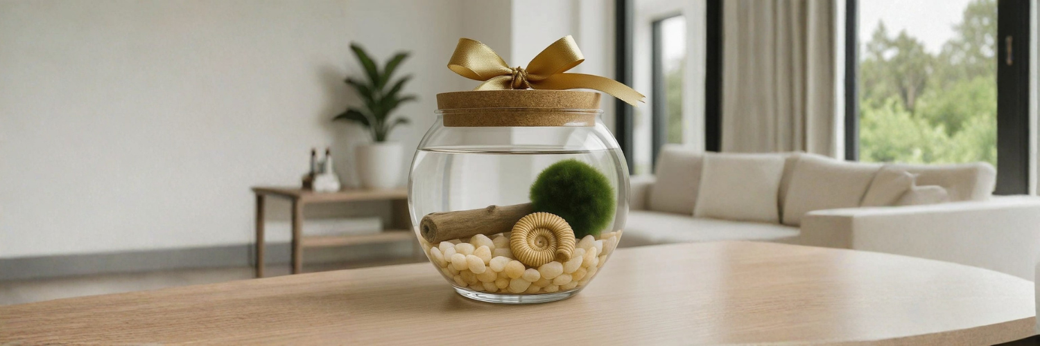 A premium glass bowl terrarium holding a single green marimo moss ball, natural driftwood, smooth beige pebbles and a spiral fossil; the bowl sits on a light wood table in a sunlit living room with soft furnishings in the background.