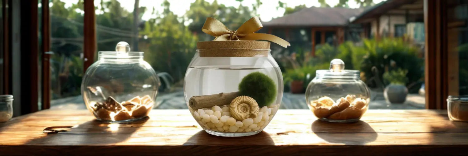 Marimo moss ball aquarium kits displayed on wooden table with natural lighting and garden background, center aquarium wrapped with gold ribbon as gift presentation featuring fossil and driftwood