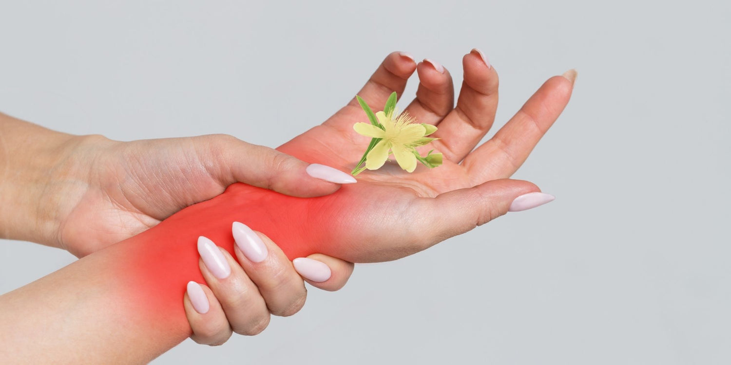  soothing image highlighting natural remedies for fibromyalgia pain, featuring a hand with an inflamed wrist gently holding a yellow medicinal flower.