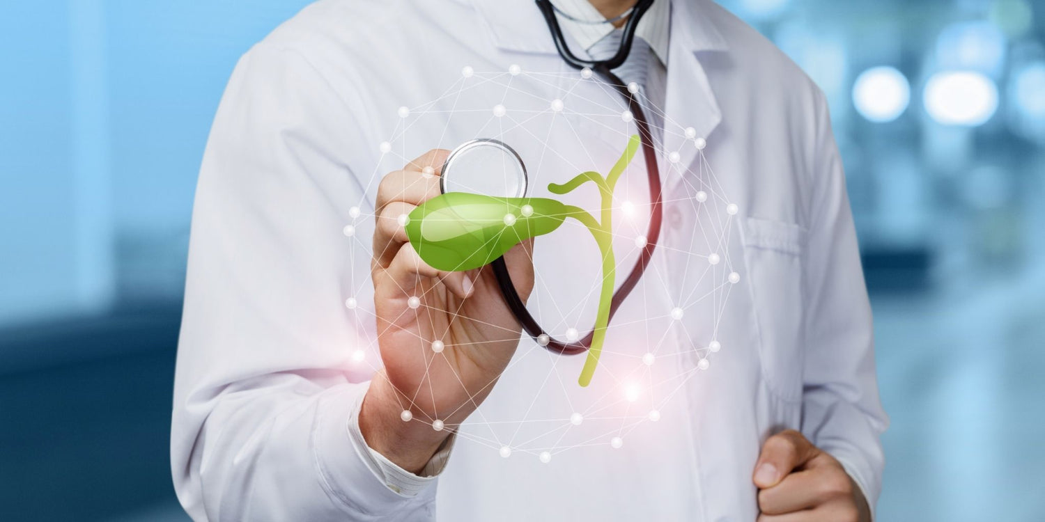 Doctor holding a stethoscope with an overlay of a green leaf and network design, symbolizing holistic and natural approaches to optimizing digestive health.