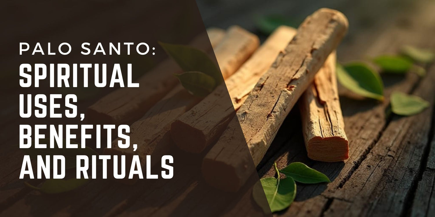 A graphic layout featuring Palo Santo wood sticks on a wooden surface, accompanied by the text "Palo Santo: Spiritual Uses, Benefits, and Rituals." Green leaves and warm light create a serene backdrop for the design