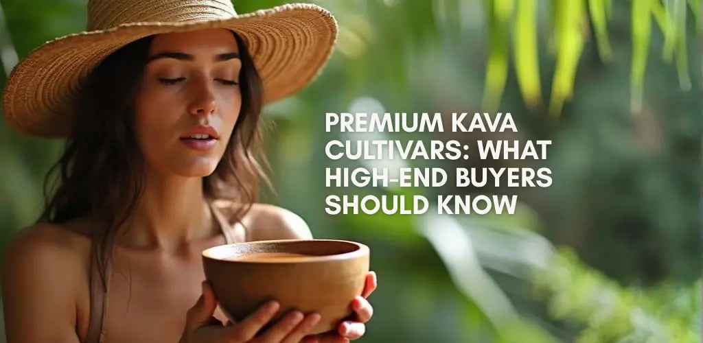 Hero image of a kava ceremony in lush greenery for the guide to premium kava cultivars for high-end buyers.