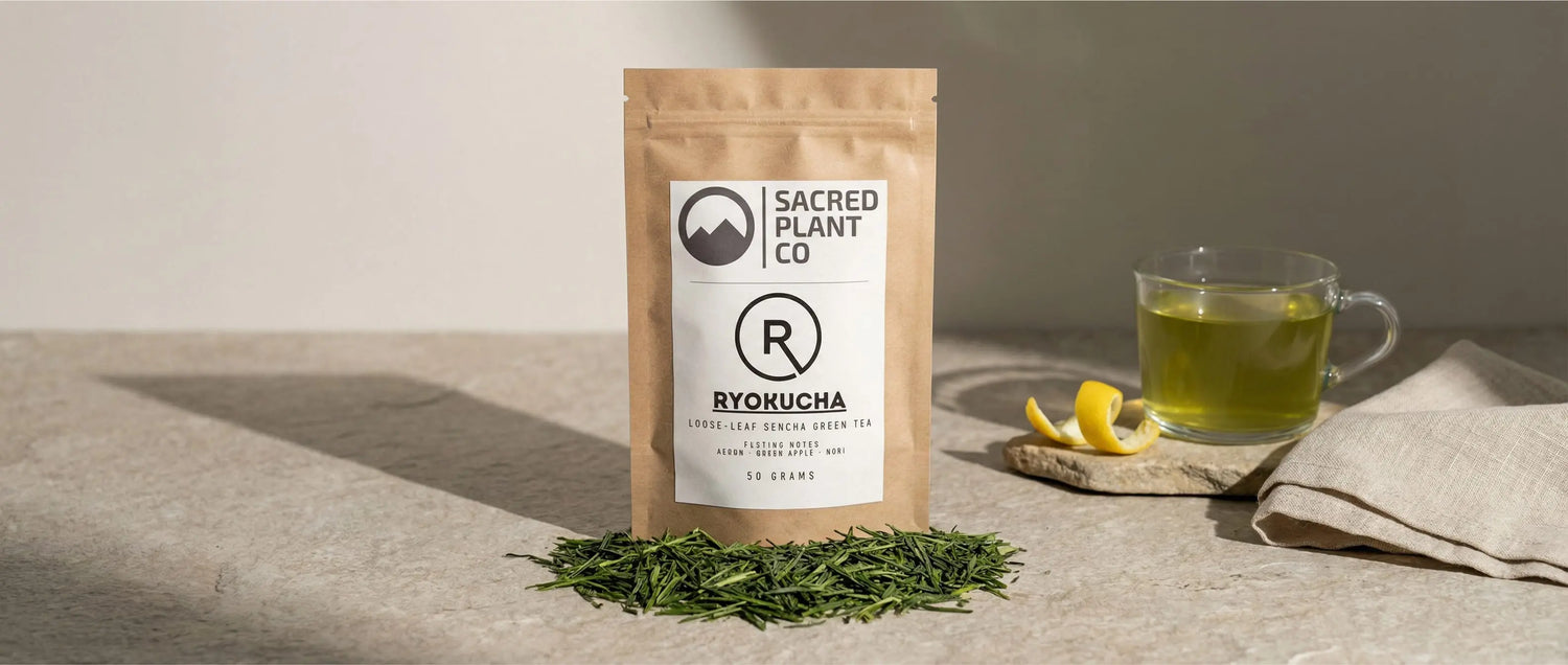 Minimalist infographic showing a 21-day liver reset protocol with Sacred Plant Co Ryokucha green tea, five traditional liver herbs, and detox pathway icons.