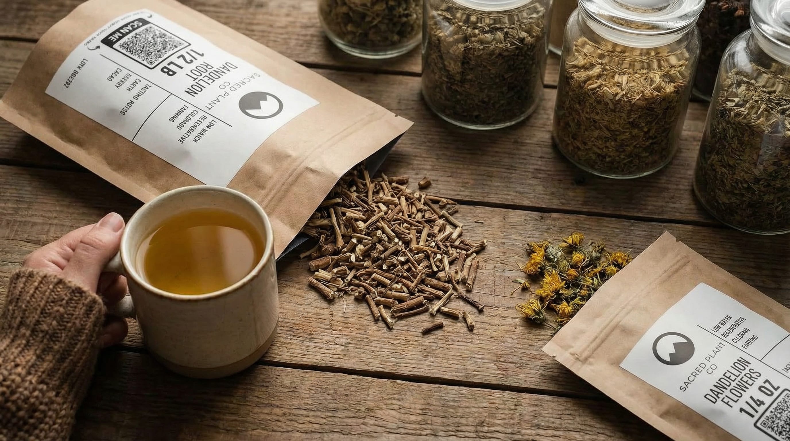 Sacred plant co dandelion root, and flower bags sitting on wood table. 