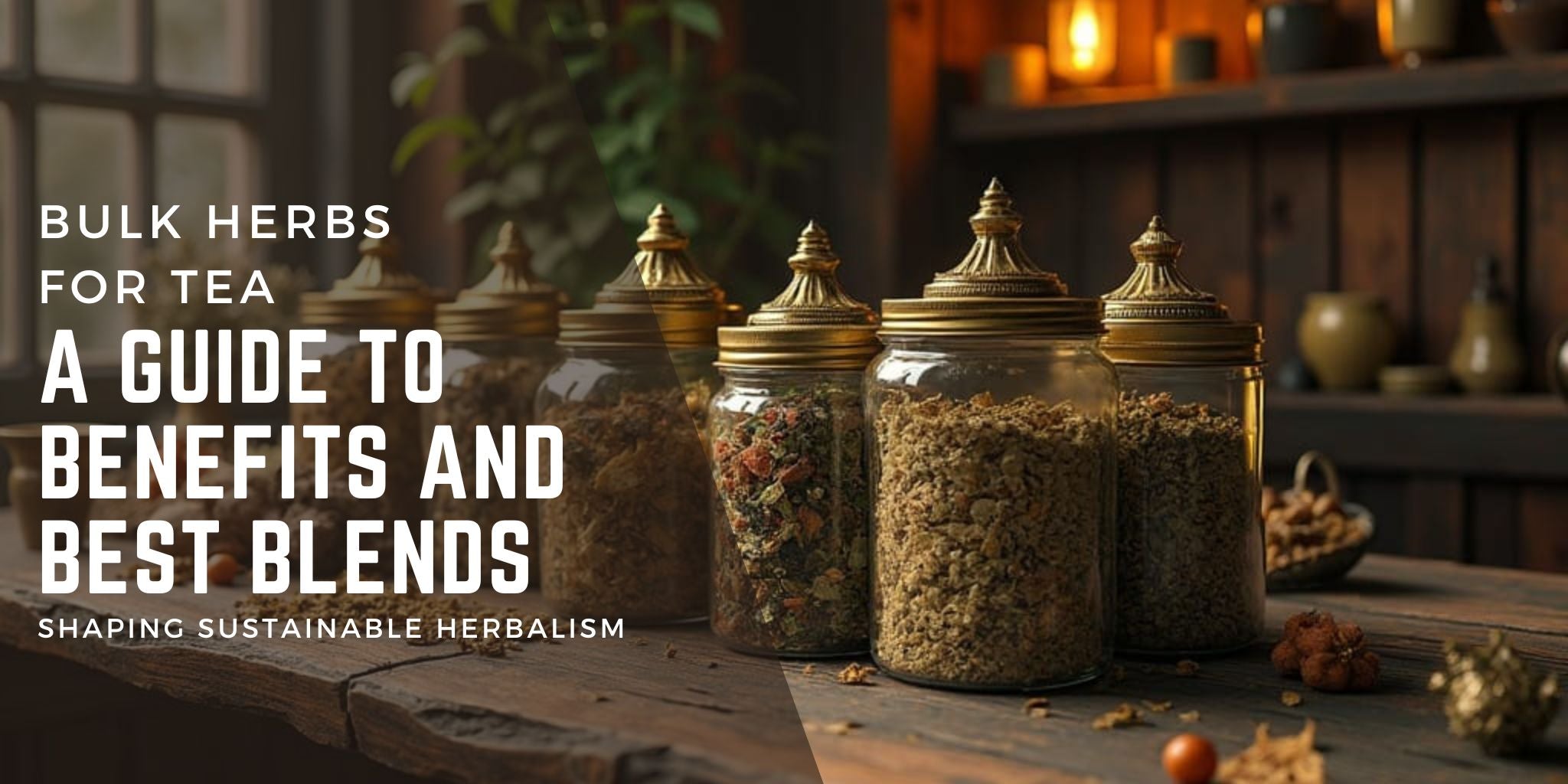 Elegant glass jars filled with various dried bulk herbs for tea, each adorned with ornate gold lids. Soft, warm lighting illuminates the cozy background of an herb shop, evoking a sense of tradition and sustainable herbalism.