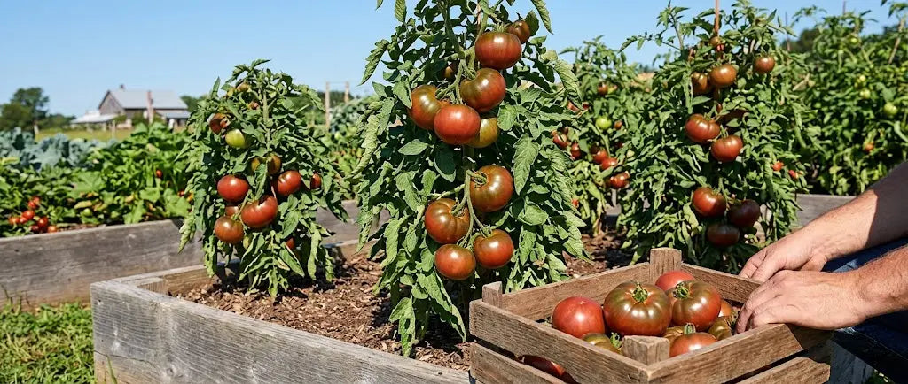A farmer harvesting ripe, mahogany-brown Tasmanian Chocolate tomatoes into a wooden crate from compact dwarf beefsteak plants grown in regenerative living soil.