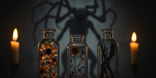 A dark and moody image featuring three glass bottles filled with dried flowers, herbs, and twigs illuminated by candlelight.