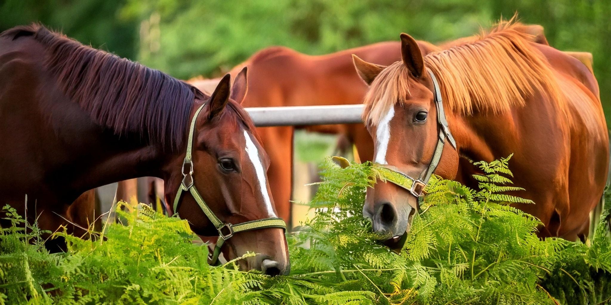 Close-up of two beautiful chestnut horses wearing halters, grazing amidst lush green foliage, symbolizing the natural harmony of horses and their environment.
