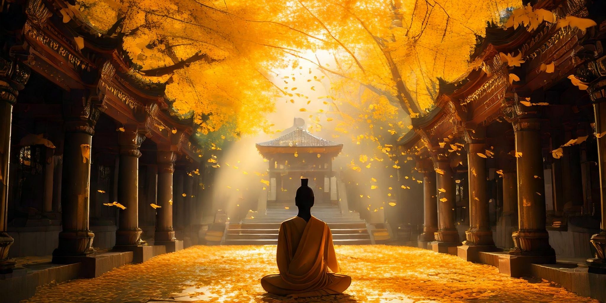 A tranquil image featuring a person meditating in a stunning golden temple courtyard surrounded by vibrant Ginkgo Biloba trees.