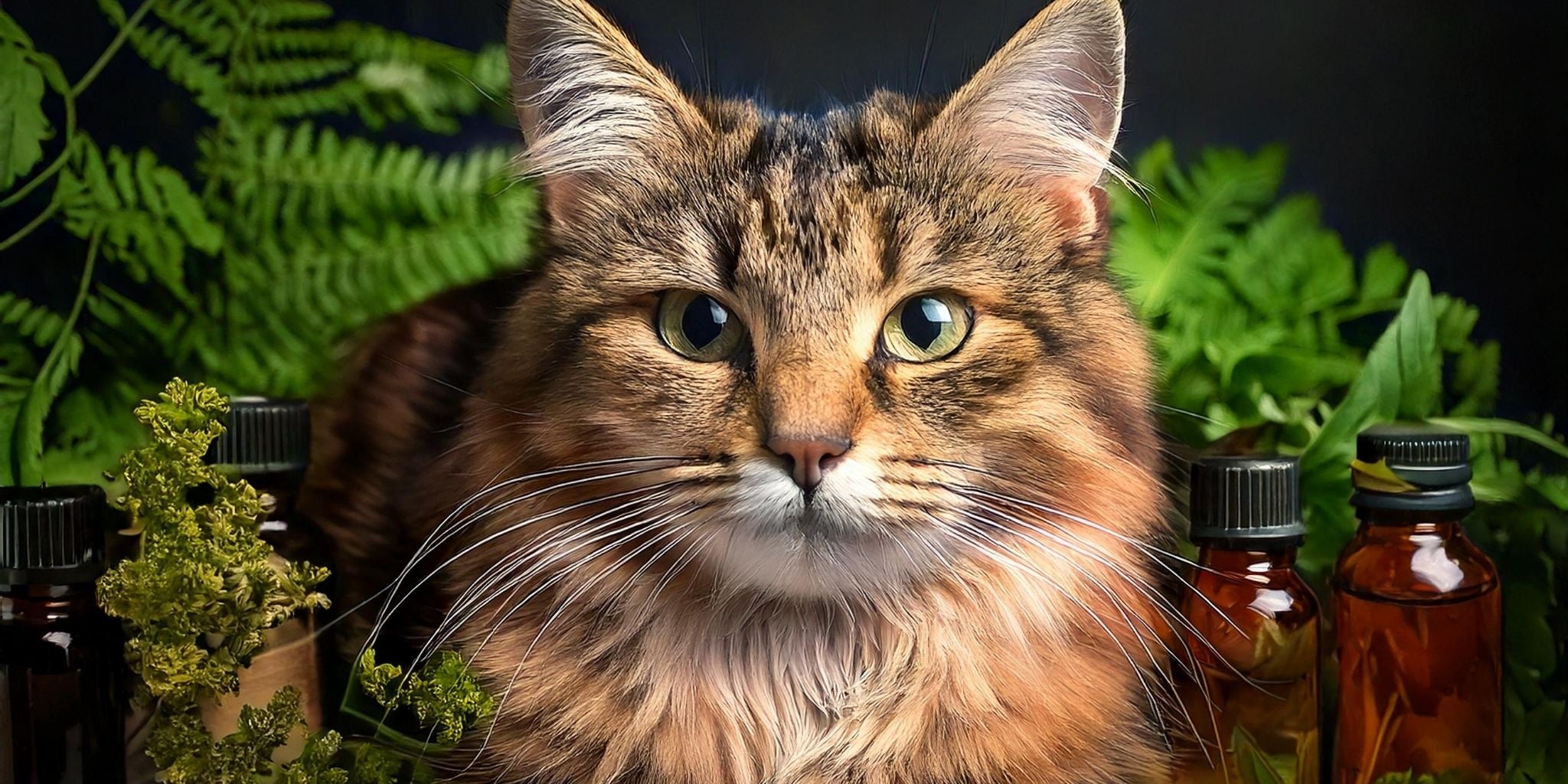 A close-up of a tabby cat surrounded by amber glass bottles of herbal extracts and fresh green foliage, symbolizing natural remedies and holistic care for pets.