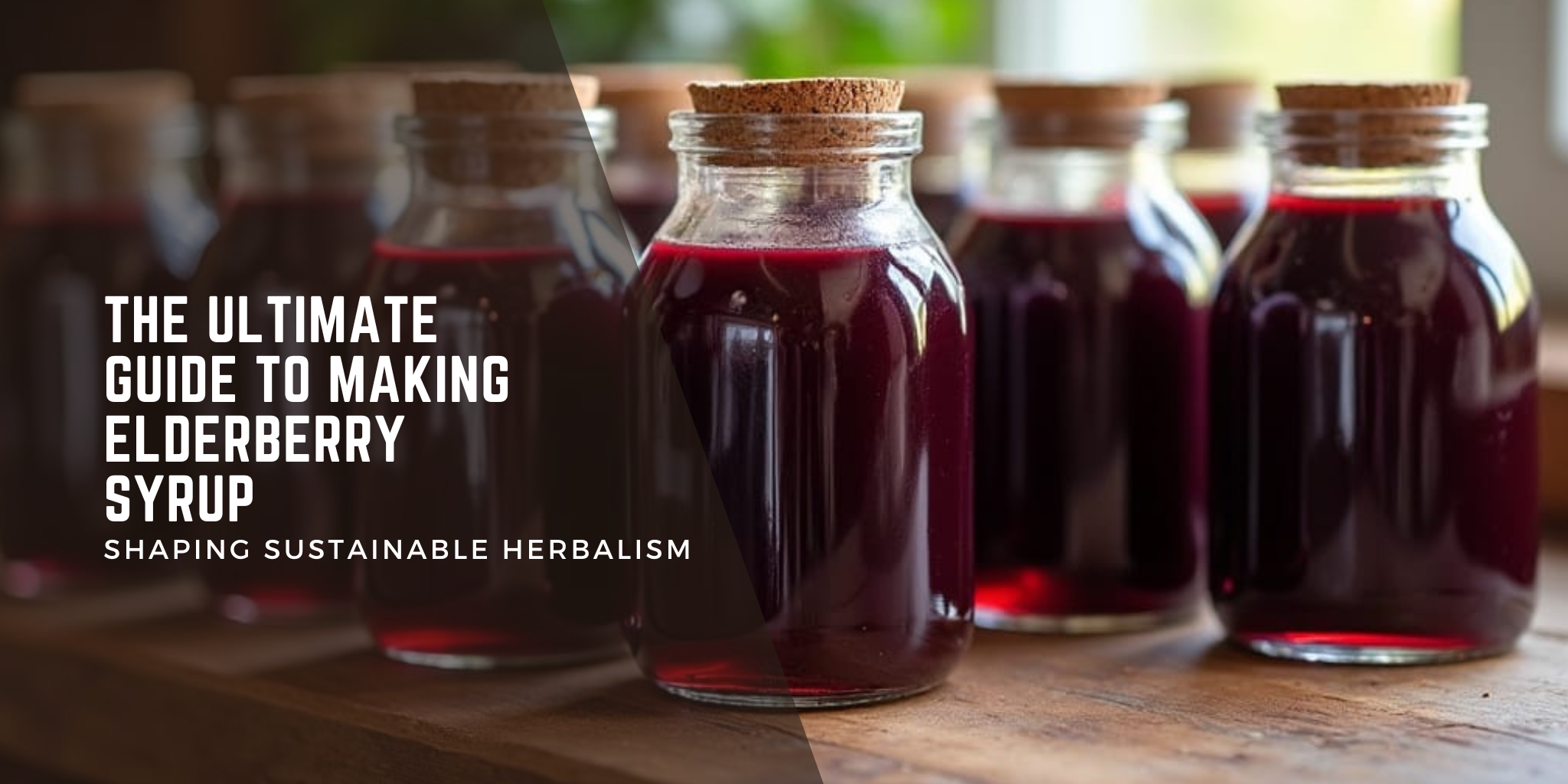 Glass jars of deep-purple elderberry syrup with cork lids on a rustic wood countertop. Rich color highlights its immune-boosting benefits.