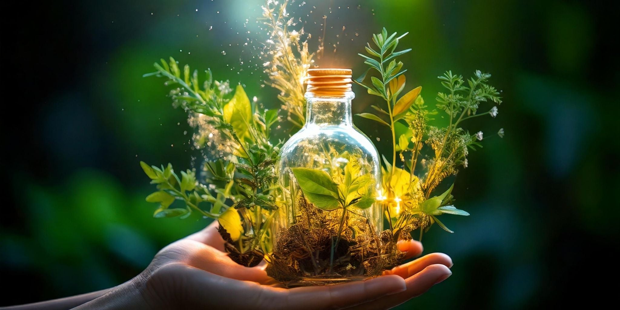 A captivating image featuring a glowing glass bottle held gently in two hands, filled with vibrant green herbs and earthy roots, symbolizing vitality and wellness.